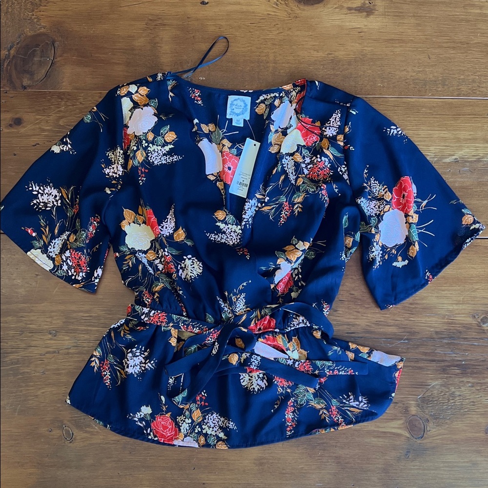 Blue Rain Floral Women's Blouse - Navy and Red